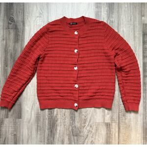 Pretty Garden 100% Cotton Red Cardigan Large Button Up Coastal Grandma Preppy